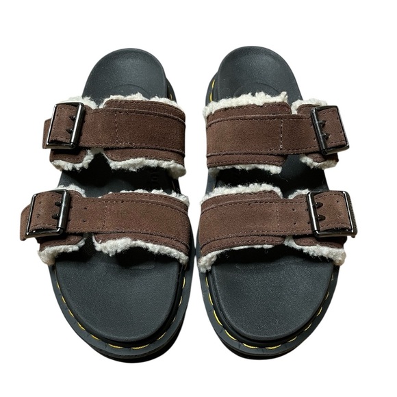 Dr. Martens Myles Suede Fur-Lined Buckle Slide Sandals Dark Brown Women’s Size 8 - Picture 3 of 10